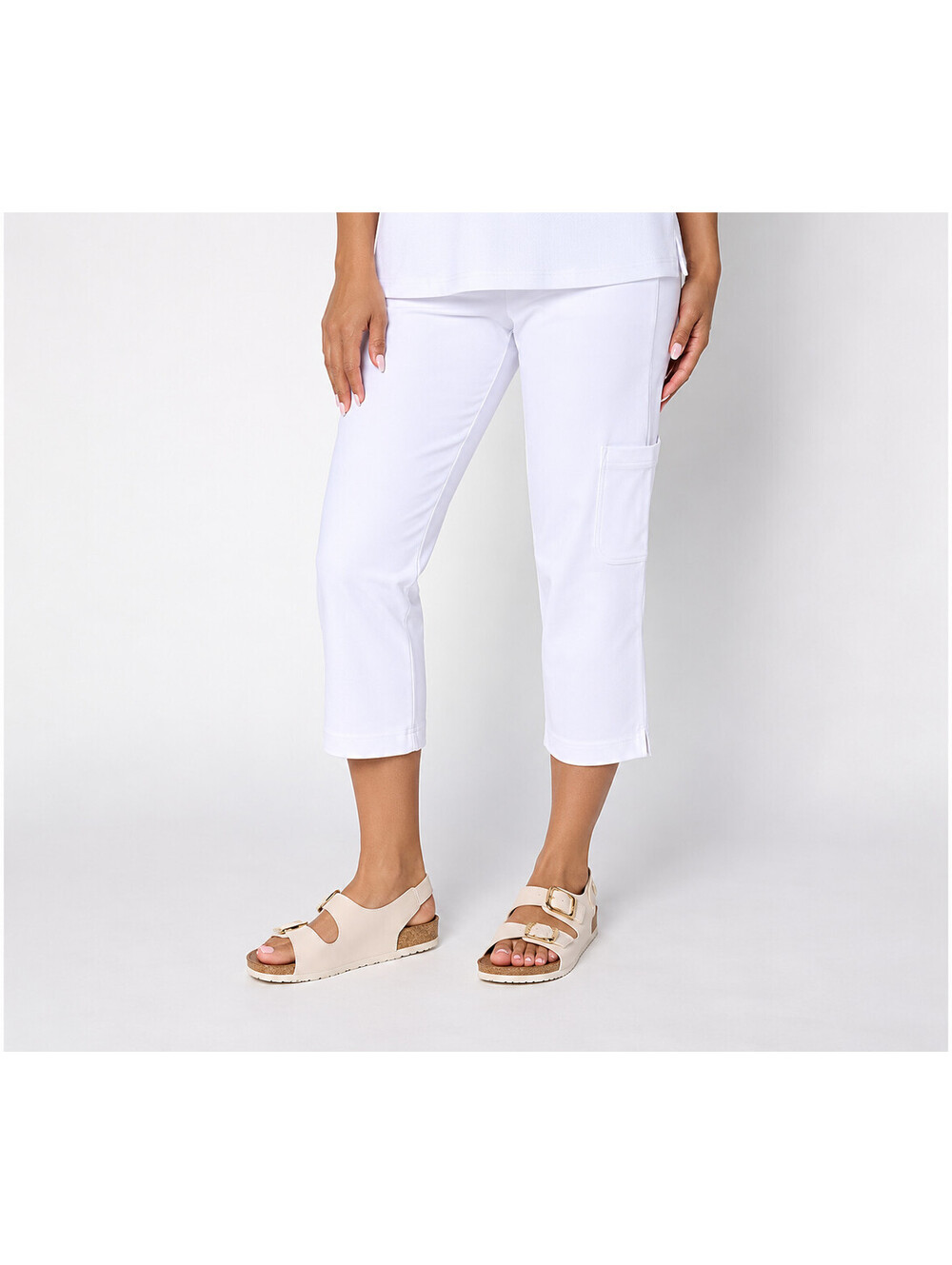 Denim & Co. EasyWear French Terry Straight Cargo Crop Pants White, Petite Large